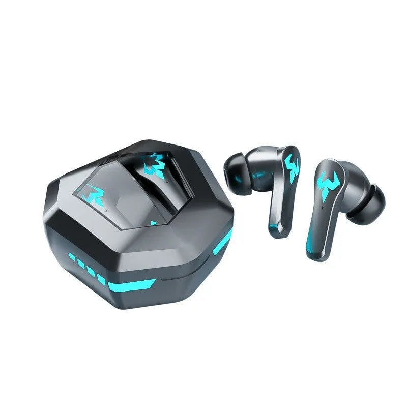 Black in-ear wireless Bluetooth headphones with earplugs for sports and calls on a grey background.
