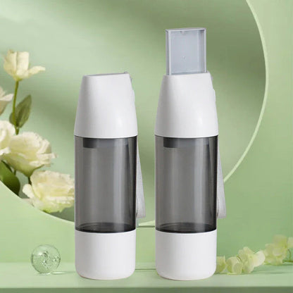 Portable Dog Water Bottle with Segmented Water Cup and Food Container, Leak-Proof Design, and Push-Button Water Dispenser