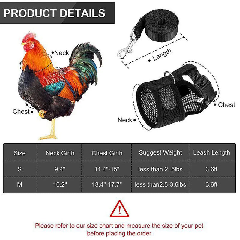 Poultry vest harness with matching collar for ducks, chickens, and hens in sizes XS to XL with adjustable 110cm traction rope and bow decoration in black, blue, pink, or red
