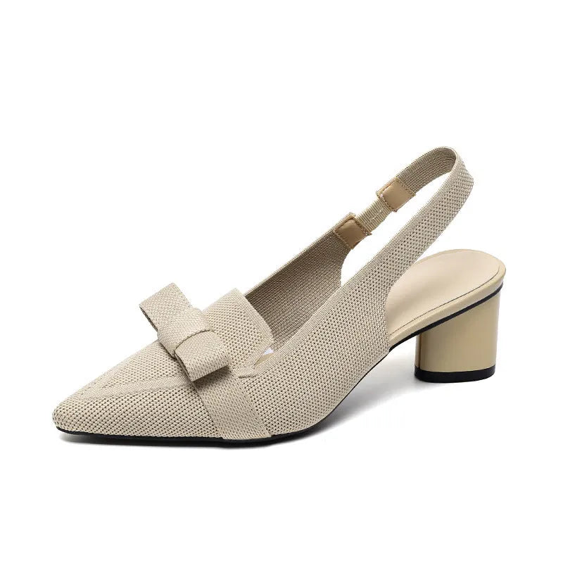 Women's closed toe high heel sandals with back strap and decorative bow in fabric uppers