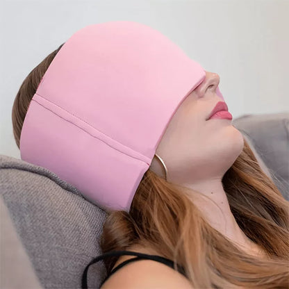 Ice Compress Headache Relief Hat in black and pink, offering 360-degree cold therapy for migraines and stress