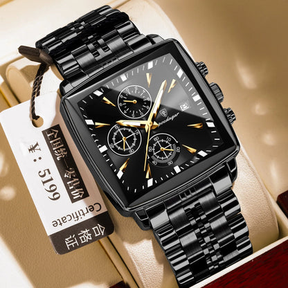 Square men's business watch with stainless steel strap and alloy case in a gold and blue colour variant.