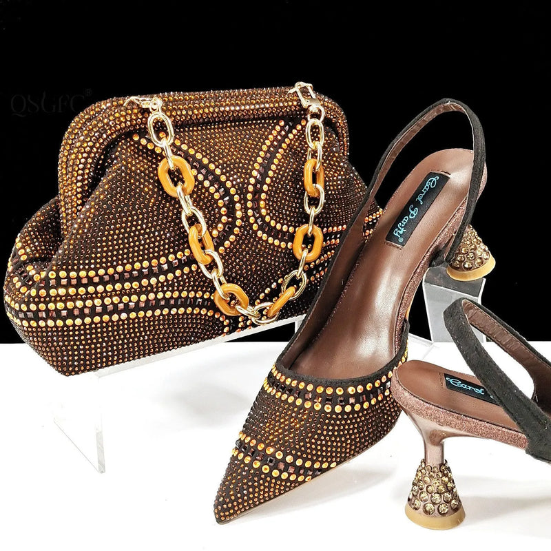 Women's pointed toe high heels with rhinestone decoration and matching small bag, a low-cut court shoe suit with a wine glass heel in sizes 38-43 available in eight colours including blue, gold, and wine red.