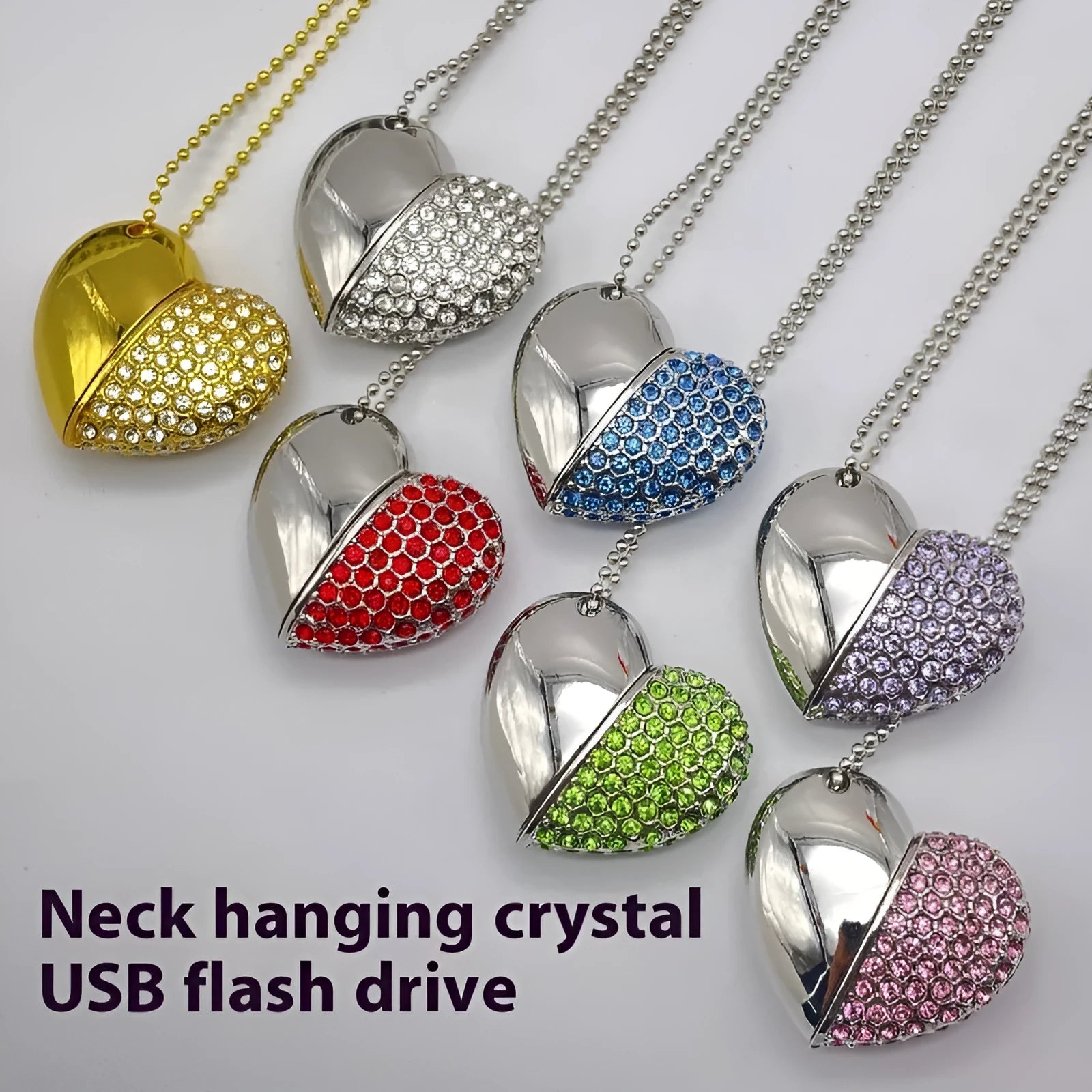Blue heart-shaped USB flash drive with a brick-inlaid pattern on its metal surface.