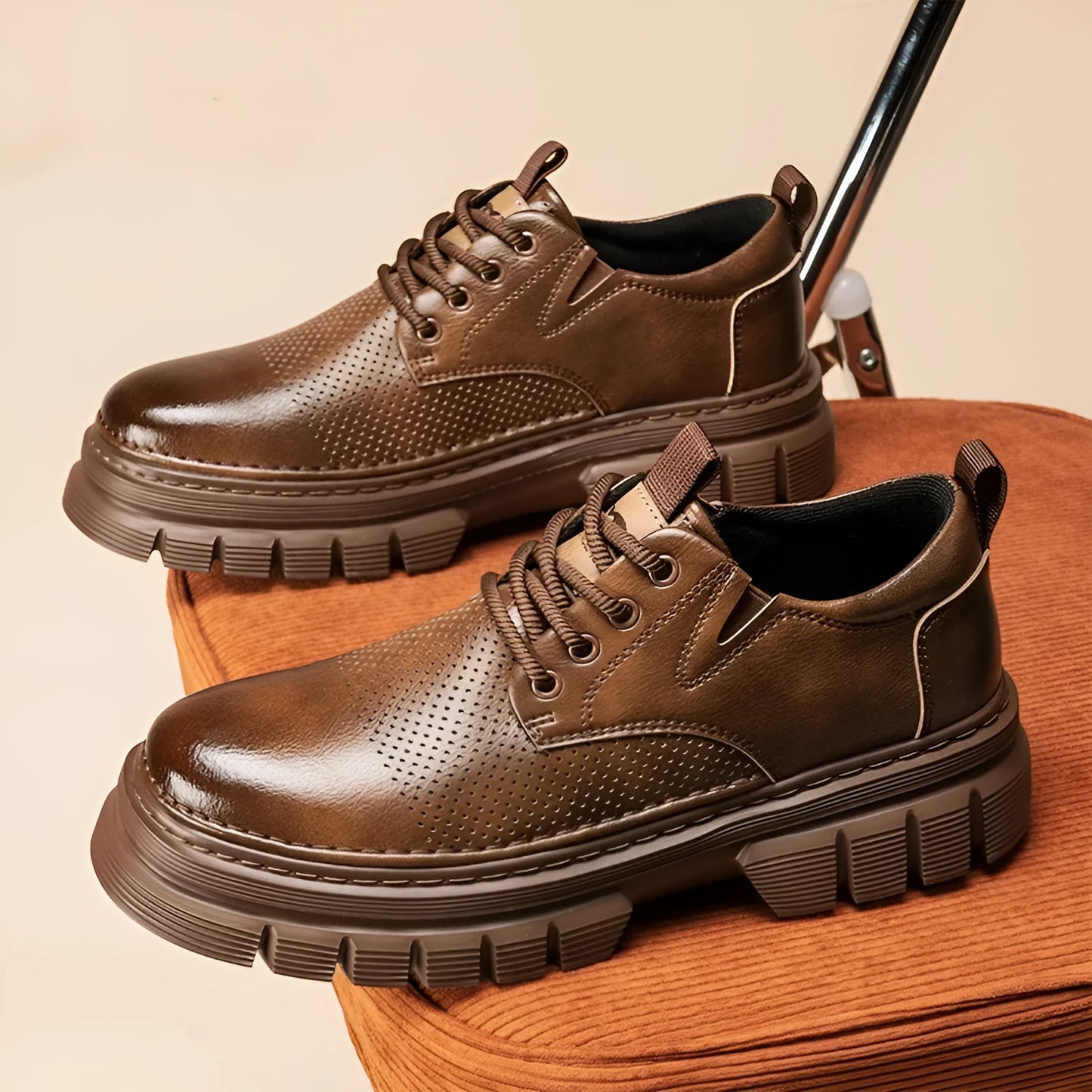 Men's black genuine leather platform shoes with lace-up closure and rubber sole