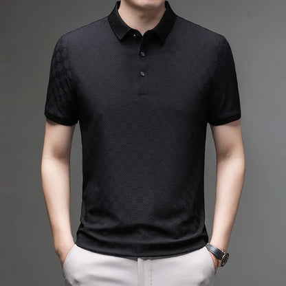 Rhombus thin ice silk short sleeve t-shirt in black with slit detail, showing stretchy fabric and fit