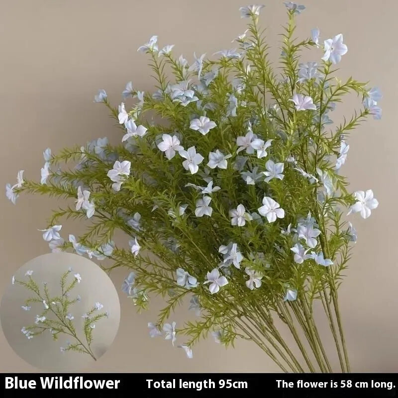 Haze blue silk flower bouquet with campanula, linglan, and wildflowers for home decoration