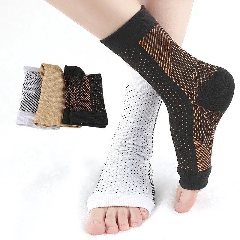 Korean-style sports compression socks in black, white, skin colour, and copper colours with short tube design