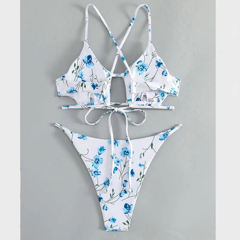 Floral tie-neck triangle bikini top with matching ruffle shorts swimsuit set
