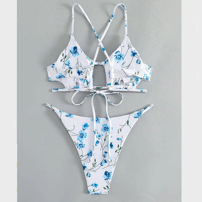 Floral tie-neck triangle bikini top with matching ruffle shorts swimsuit set