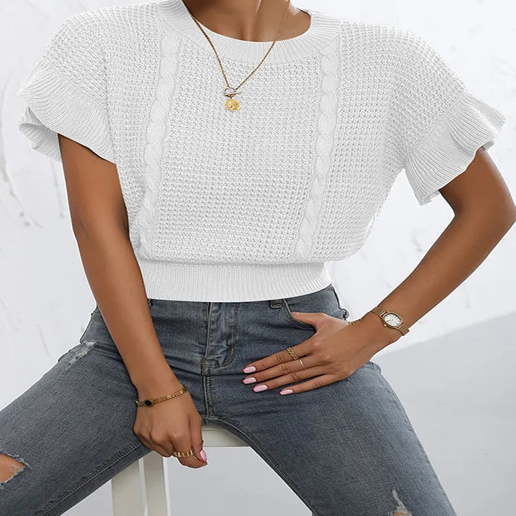 Twisted string ruffled short sleeves round neck knitted pullover sweater in polyester with loose Japanese Korean casual style and 3D stereo pattern, available in white, black, khaki, and dark brown, sizes S through XXXL.