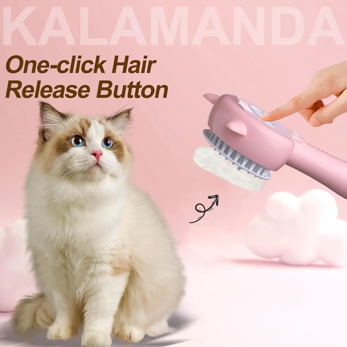 Cat ear-shaped steam brush with blue handle, rubber bristles, and release button for pet grooming