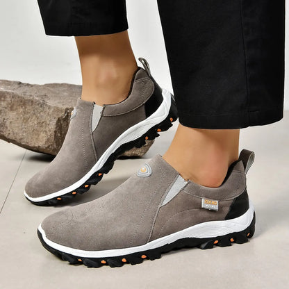 Men's grey round toe slip-on shoes with a shallow mouth on a rubber sole.