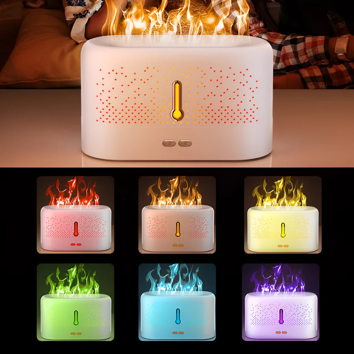 White ultrasonic aromatherapy diffuser with USB cable and essential oil bottle on packaging