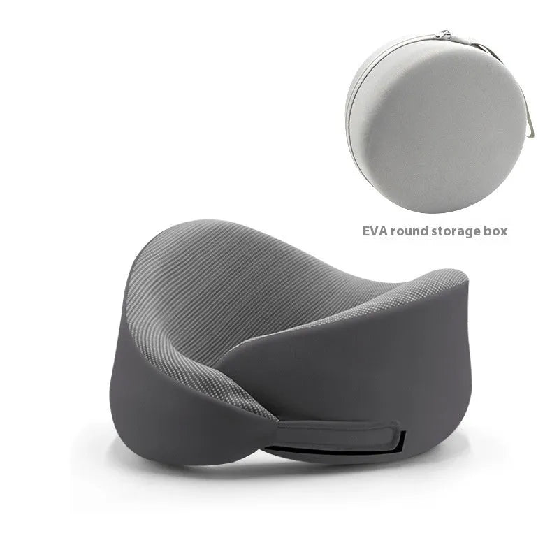 Light grey memory foam U-shaped neck pillow with a magnetic cloth protector.