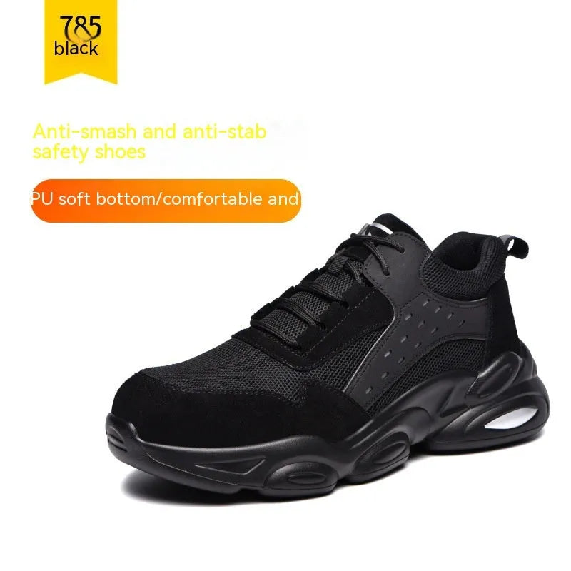 Black men's Flyknit mesh safety work boots with a PU sole on a grey background.