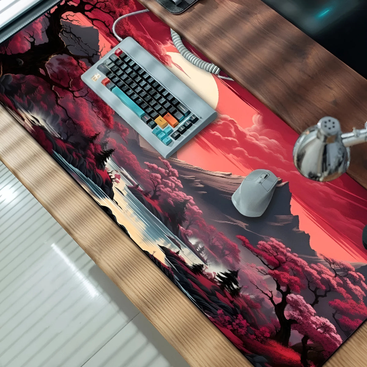 Anime-themed large black gaming mouse pad with custom graphic on a non-slip rubber cloth base.