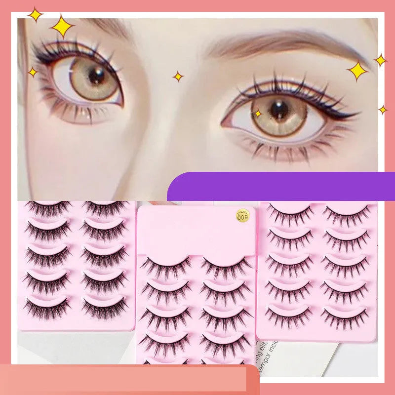 Three styles of black anime false eyelashes on a white background from a 15-pair pack.