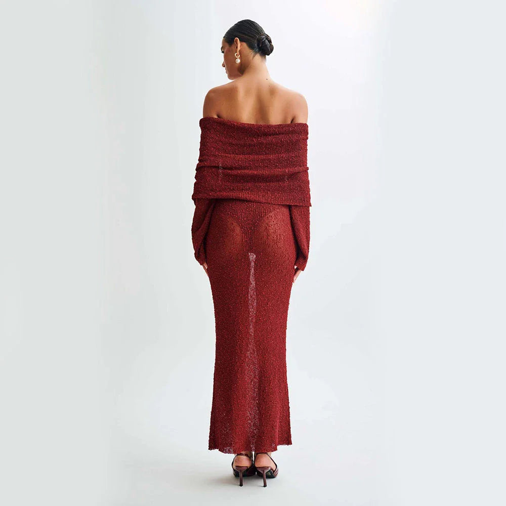 One-shoulder knit maxi dress in various colors, featuring a high-waisted silhouette and flowing skirt for a flattering and stylish look.