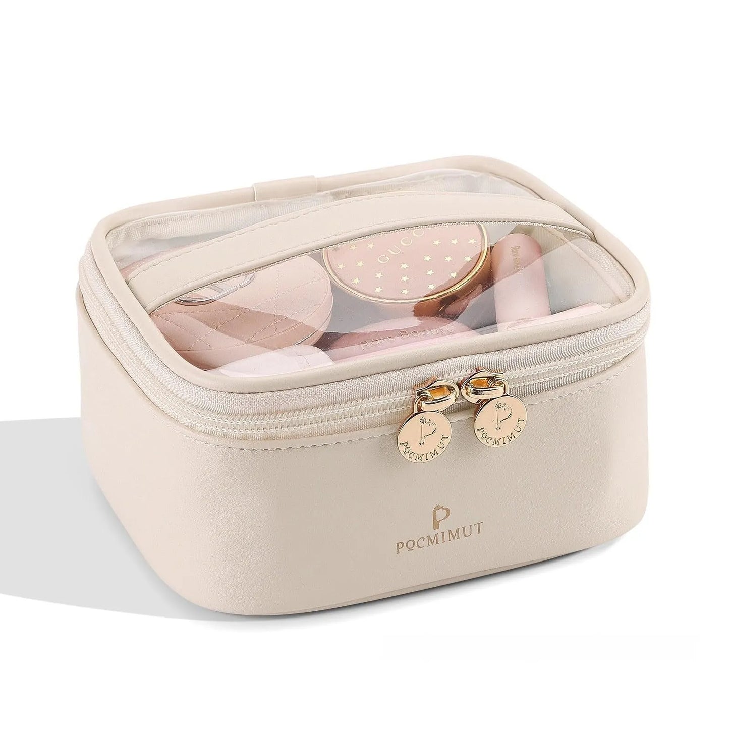 Transparent PVC leather cosmetic bag showing interior organisation with dry wet separation