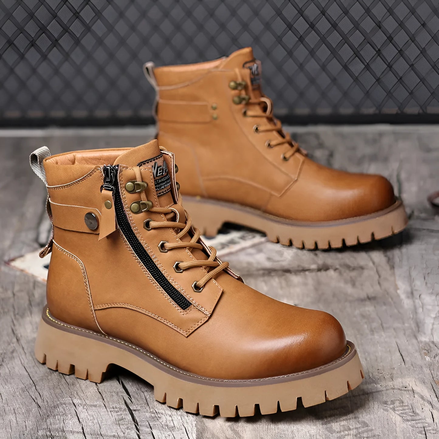 Men's brown high-top leather boots with side zipper, 3-5cm heel, and non-slip sole for winter wear