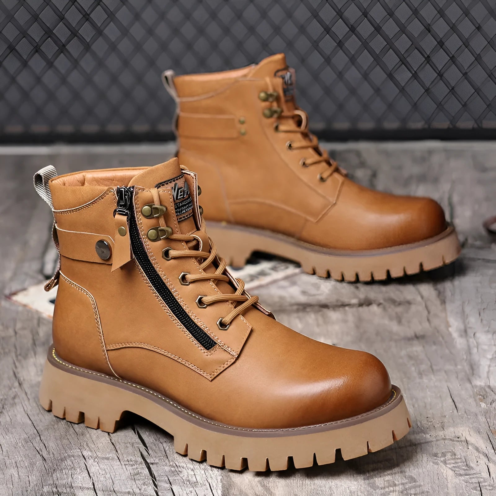 Men's brown high-top leather boots with side zipper, 3-5cm heel, and non-slip sole for winter wear