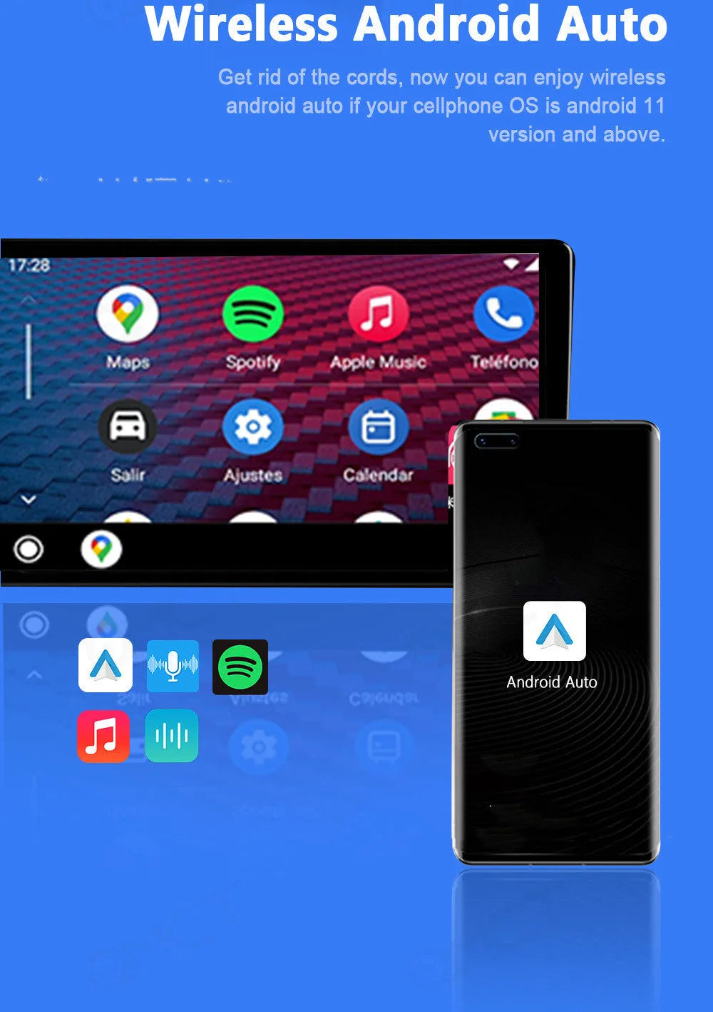 Black 9-inch wireless CarPlay adapter and GPS unit with a capacitive touch screen.