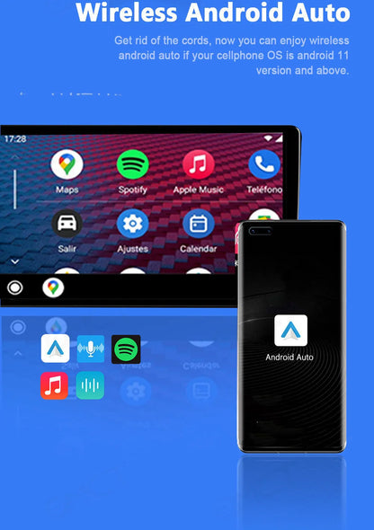 Black 9-inch wireless CarPlay adapter and GPS unit with a capacitive touch screen.