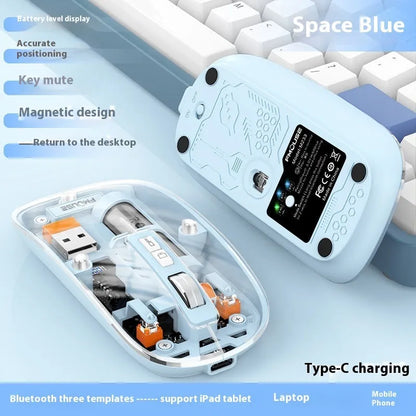 Transparent wireless computer mouse in blue on a desk next to a laptop