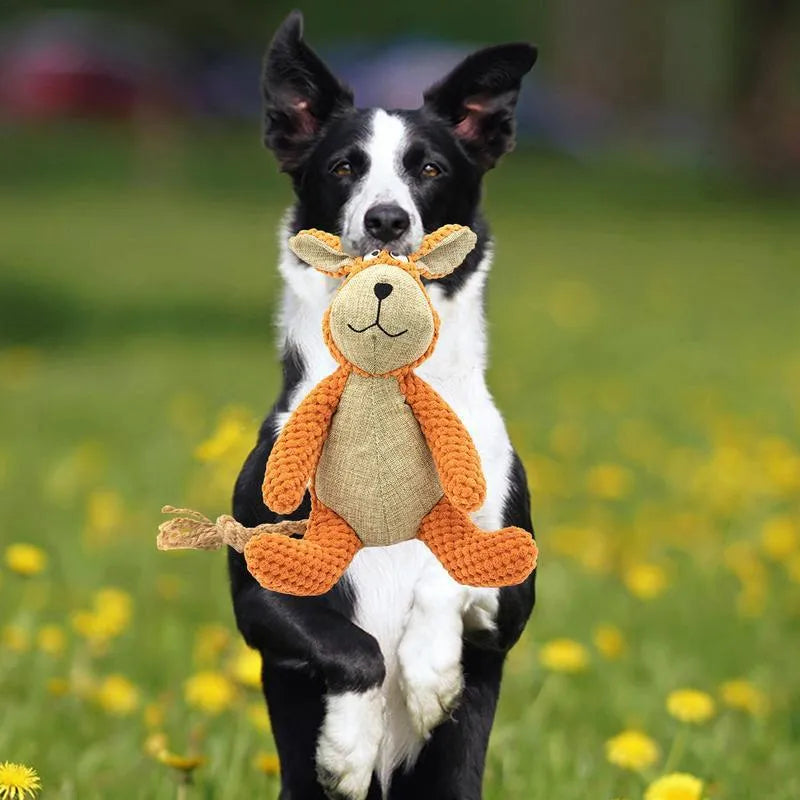 Plush dog squeaky chew toy in animal shape options: donkey, elephant, orangutan, or rabbit.