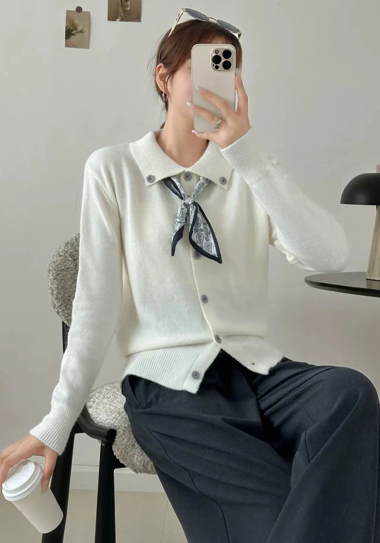 Lazy Fashion grey cardigan sweater with an attached scarf lapel, long sleeves, and an oversized free-size fit.