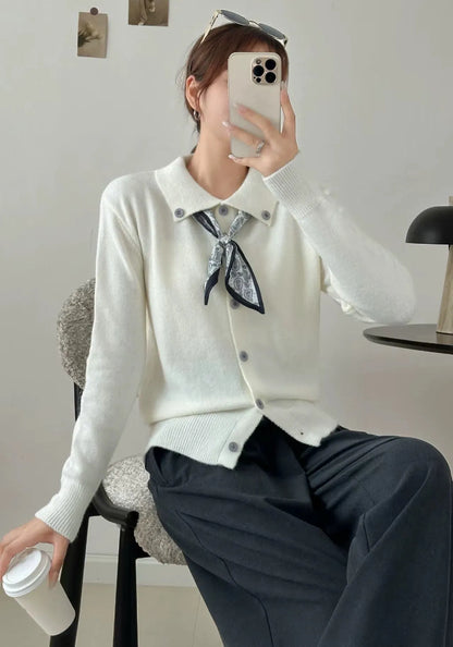 Lazy Fashion grey cardigan sweater with an attached scarf lapel, long sleeves, and an oversized free-size fit.