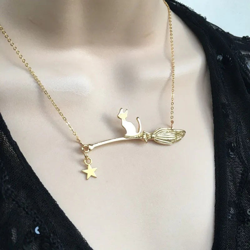Black cat pendant necklace for women in alloy with gold, silver, and black cat colour variations.