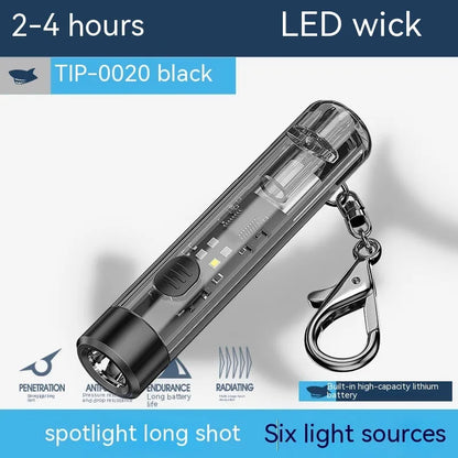 Black plastic USB rechargeable handheld flashlight with charging cable.