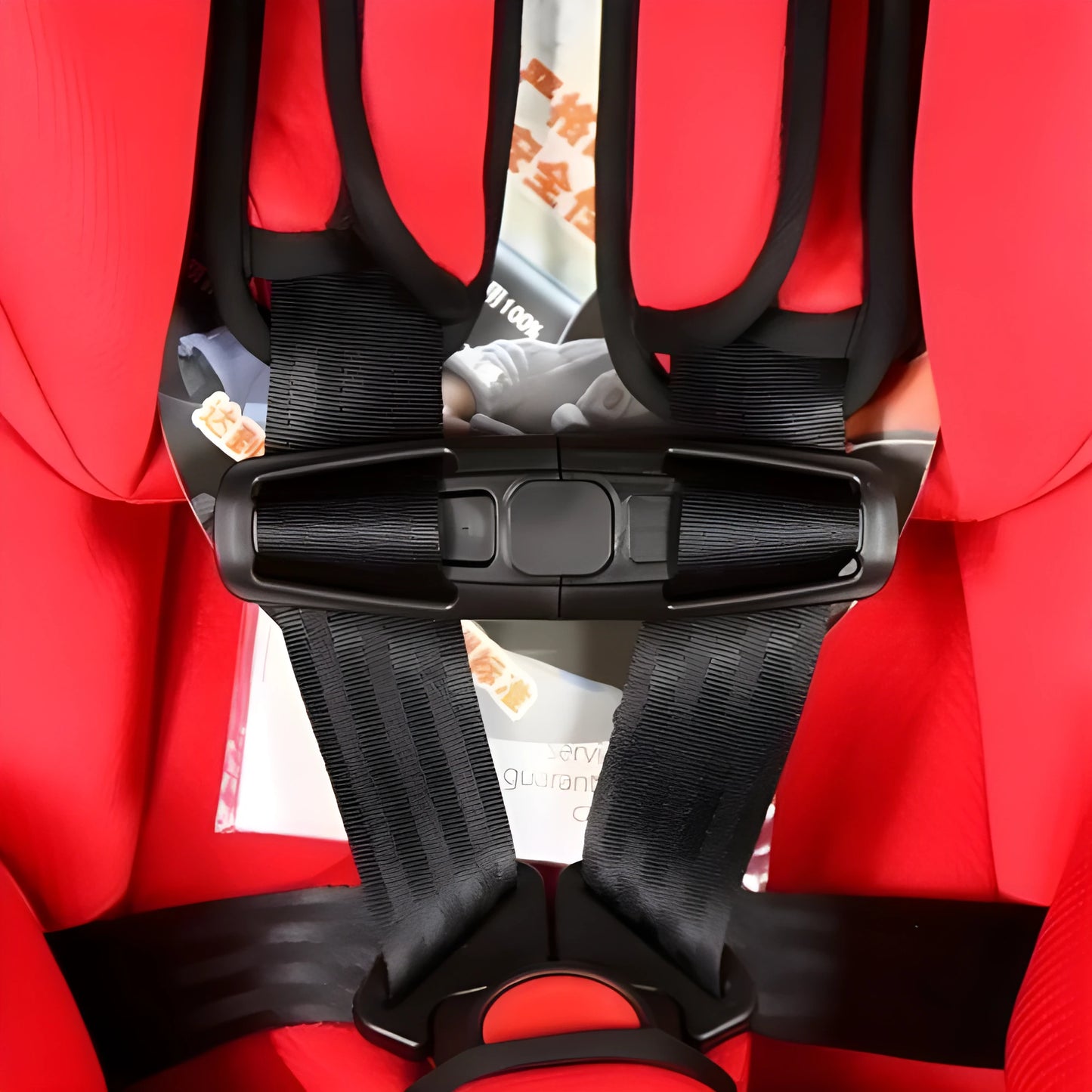 Black nylon vehicle child safety seat five-point harness chest clip and buckle on a white background.