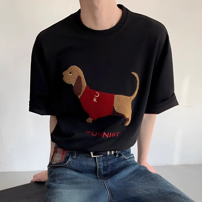 Men's black cotton T-shirt with embroidered sausage dog wrapped in a towel design