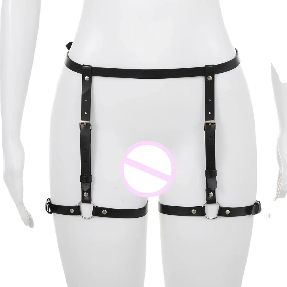 Black PU leather BDSM bondage harness set with adjustable straps and four restraint components