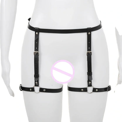 Black PU leather BDSM bondage harness set with adjustable straps and four restraint components