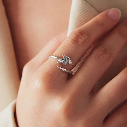 Adjustable opening silver ring with wings motif for women, plain silver finish, colour SCR1163-E