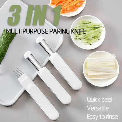 White 3-in-1 rotary paring knife with rotating blades and integrated sharpener for kitchen use