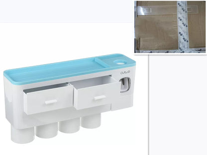 Non-marking hanging magnetic toothbrush holder with toothpaste squeezer and quick-drying cups