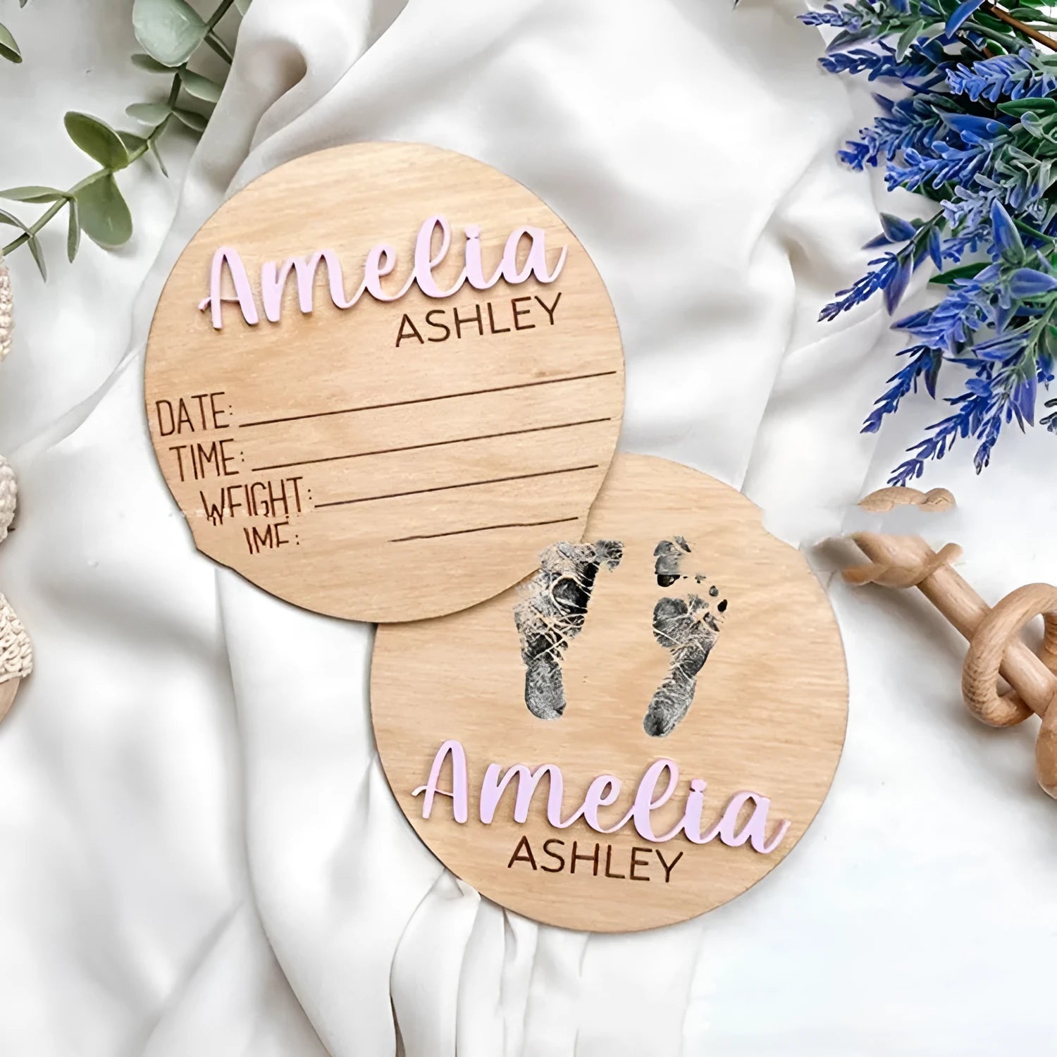 Brown limewood baby birth bulletin board in modern art style showing five available sizes
