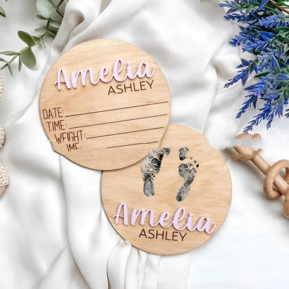 Brown limewood baby birth bulletin board in modern art style showing five available sizes