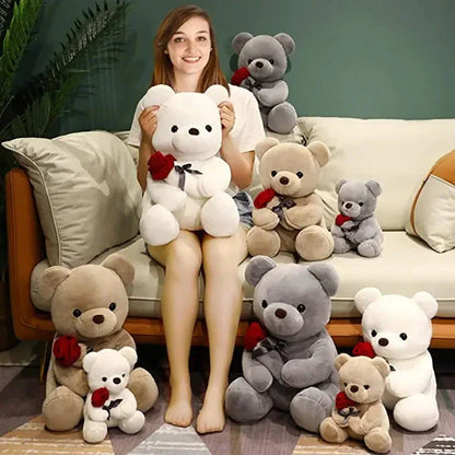 Soft, huggable plush teddy bear pillow with a vivid cartoon design, available in brown, beige, and grey colors and ranging from 10 to 18 inches in height.