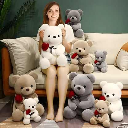 Rose bear plush stuffed animal pillow in beige, brown, or grey colours with soft short plush material