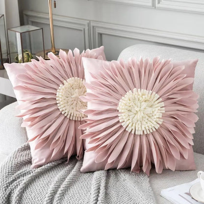 Blue velvet waist pillow with three-dimensional white chrysanthemum tufted design and fringed hem