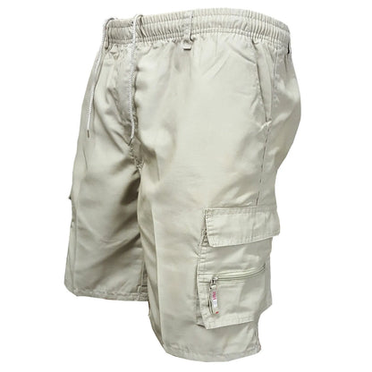Men's multi-pocket cotton casual shorts in khaki with a drawstring waistband, shown in a loose fit.