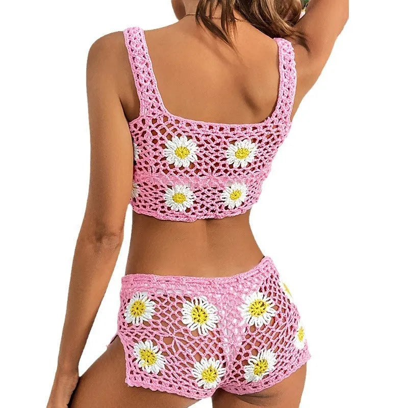 Light green flower pattern vest top bikini swimsuit with matching bottoms