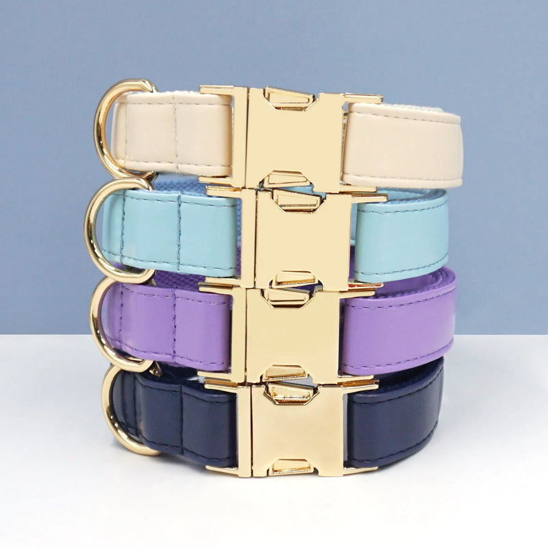 Leather pet collar dog collar with simple colour blocking velvet design, available in 14 colours including caramel, dark blue, and mint green, in five sizes from XS to XL for secure neck fits on various breeds.