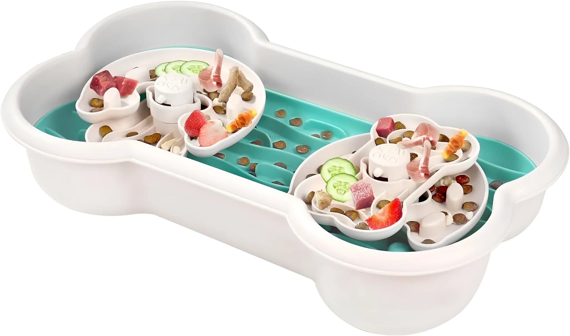 Green, pink, and yellow large slow feeder dog bowl with three puzzle trays and suction cups.